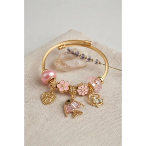 Balık Charmlı Pembe Renk Gold Bileklik