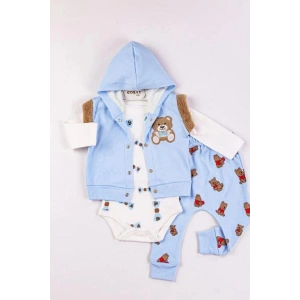 Bear Nakışlı Yelekli 3lü Erkek Bebek Takımı