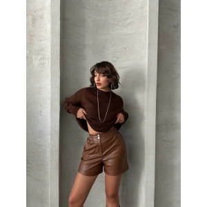 Beli lastikli çıtçıtlı deri şort kahve w241007