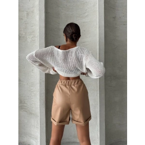 Beli lastikli duble paça deri şort bej w24755