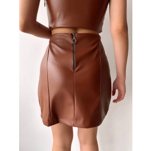 Beş düğmeli oval deri etek kahve h240068