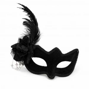 Beyaz İnci Detaylı Siyah Süet Venedik Kadın Maskesi Tüylü Güllü