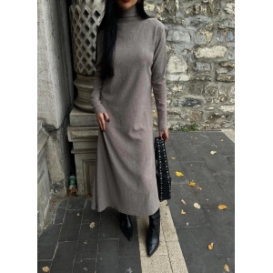 Boğazlı kalın bürümcük uzun elbise vizon