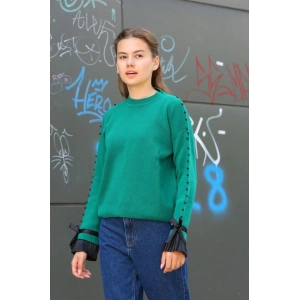 Boncuklu bile detaylı kazak petrol yeşili