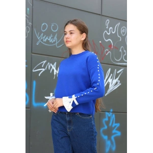 Boncuklu bile detaylı kazak saks mavisi