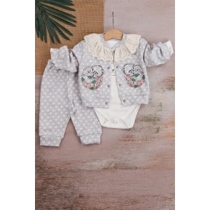 Brode İşlemeli Kalp Desenli 3lü Hırkalı Kız Bebek Takım