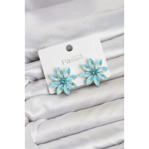 Buz Mavisi Renk Kristal Taşlı Lotus Çiçek Model Kadın Küpe