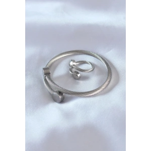 Çelik Gümüş Renk Sıkı Burgu Model Erkek Bileklik Yüzük Seti