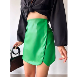 Cep detaylı oval kapaklı deri etek yeşil h240048