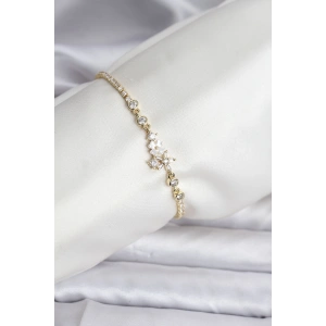 Çiçekli Model Zirkon Taşlı Gold Renk Su Yolu Kadın Bileklik