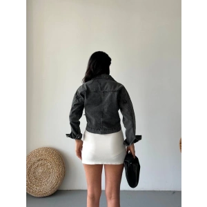 Çift cepli kol katlamalı süper taş enzim yı crop kot ceket füme