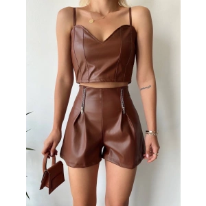 Çift fermuarlı deri şort kahve h24394