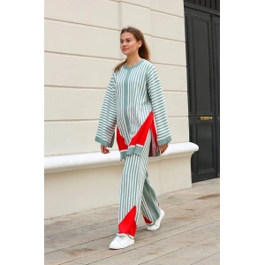 Çizgili bisiklet yaka triko takım Mint