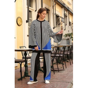 Çizgili bisiklet yaka triko takım siyah