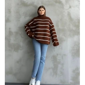 Çizgili ispanyol kol triko boğazlı kahve beyaz elf