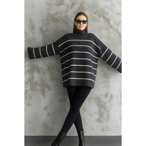 Çizgili ispanyol kol triko boğazlı kazak antrasit elf