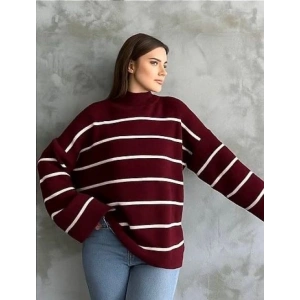 Çizgili ispanyol kol triko boğazlı kazak bordo elf