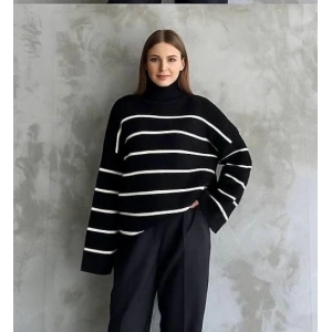Çizgili ispanyol kol triko boğazlı kazak siyah elf