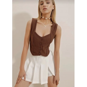 Çizgili krep düğmeli yelek kahve s3395