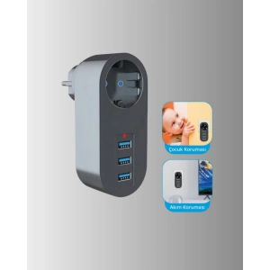 Çocuk Korumalı Termal Priz – 3lü USB Şarj ve Akım Koruması