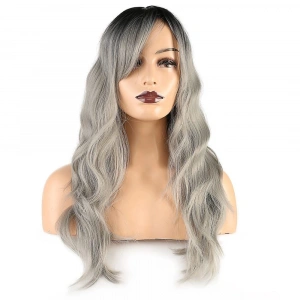 Daalı Perçemli Fiber Sen Orta Boy Peruk / Siyah Gri Ombreli
