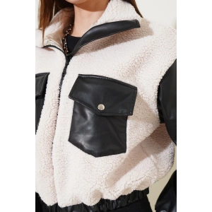 Deri garnili cepli peluş mont siyah