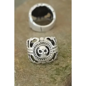 Eskitme Gümüş Renk Metal Kuru Kafa Tasarım Ayarlamalı Erkek Yüzük