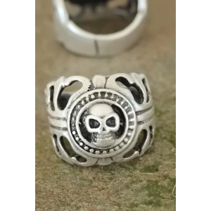 Eskitme Gümüş Renk Metal Kuru Kafa Tasarım Ayarlamalı Erkek Yüzük