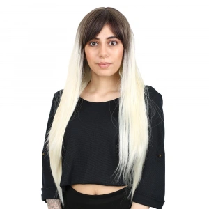 Fiber Sen Uzun Düz Kahküllü Peruk / Küllü Açık Kahve / Platin Ombreli