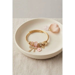 Fiyonk Charmlı Pembe Renk Gold Bileklik