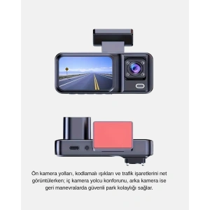 Full HD Üç Kameralı Araç Kamerası GSensörlü ve Gece Görüşlü