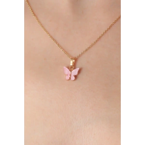 Gold Pembe Renk Kelebek Figür Kadın Kolye