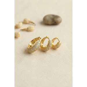 Gold Renk 3 lü Zirkon Taşlı Halka Küpe Set
