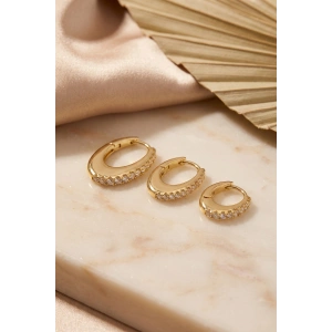 Gold Renk Oval Halka Model Zirkon Taşlı 3 lü Küpe Set