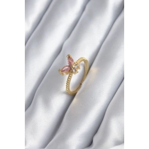 Gold Renk Pembe Zirkon Taşlı Kelebek Model Kadın Yüzük
