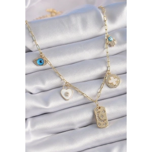 Gold Renk Zirkon Taşlı Çoklu Figür Model Şans Kolyesi