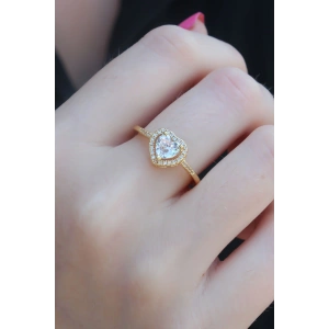 Gold Renk Zirkon Taşlı Kalp Model Charm Pirinç Kadın Yüzük