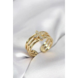Gold Renk Zirkon Taşlı Yonca Model Kadın Yüzük