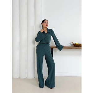 Gömlek yaka kaplama düğmeli takım petrol yeşili