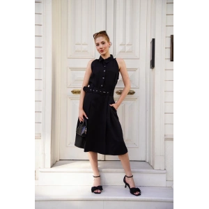Gömlek yaka kemerli elbise siyah s255061
