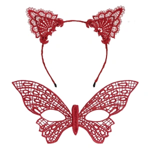 Gösterişli Kırmızı Dantel Maske ve Taç Seti 7 No – Masquerade ve Davetler için