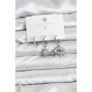 Göz Model Gümüş Renk Pirinç 3lü Kadın Küpe Seti