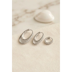 Gümüş Renk Oval Halka Model Zirkon Taşlı 3 lü Küpe Set