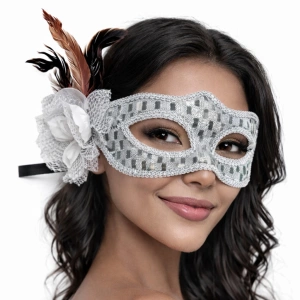 Gümüş Renk Tüylü B Maskesi Kadın Parti Aksesuarı
