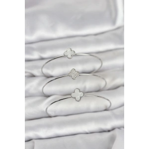 Gümüş Renk Yonca Model Zirkon Taşlı 3lü Kadın Bileklik Kombini