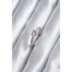 Gümüş Renk Zirkon Taşlı Pembe Kristal Kalp Model Kadın Yüzük