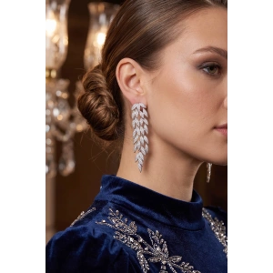 Gümüş Renk Zirkon Taşlı Sarmaşık Yaprak Model Kadın Abiye Küpe