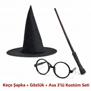 Harry Potter Tarzı Çuk Seti (Siyah Keçe Şapka, Asa, Gözlük)