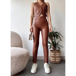 İki düğmeli deri yelek kahve