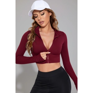 Kadın Bordo Uzun Kol Fermuarlı Parmak Geçme Detaylı Dik Yaka Crop Top Bluz